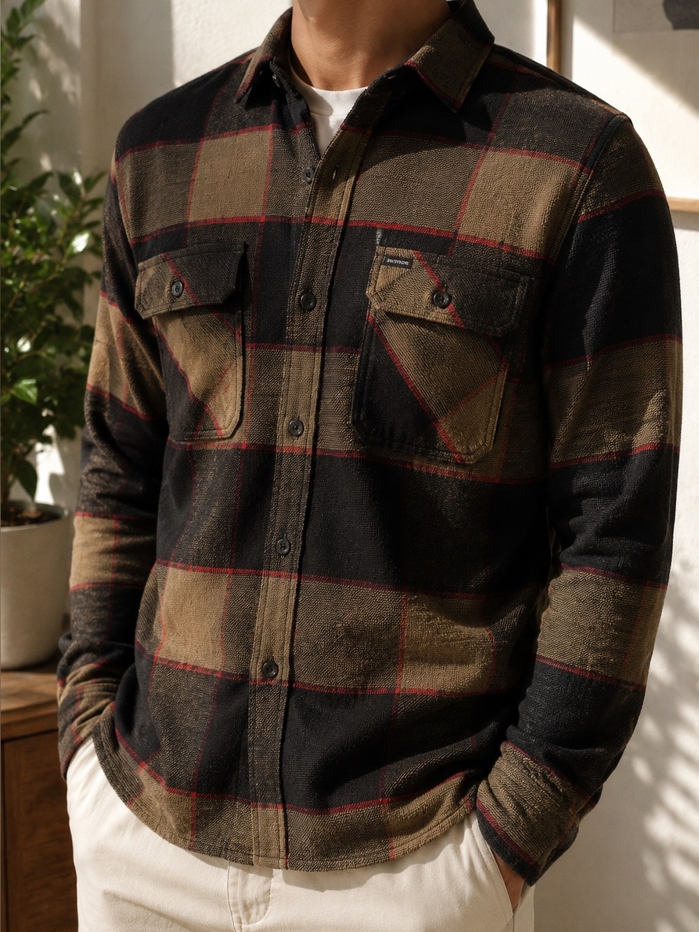 Rare colour Brixton Bowery Men’s XL Plaid Flannel Shirt Black Brown Red